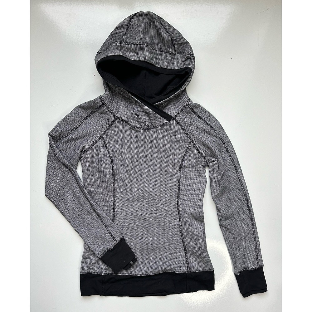 Lululemon Womens Think Fast Hoodie Heathered Herringbone Black Gray Size 6
